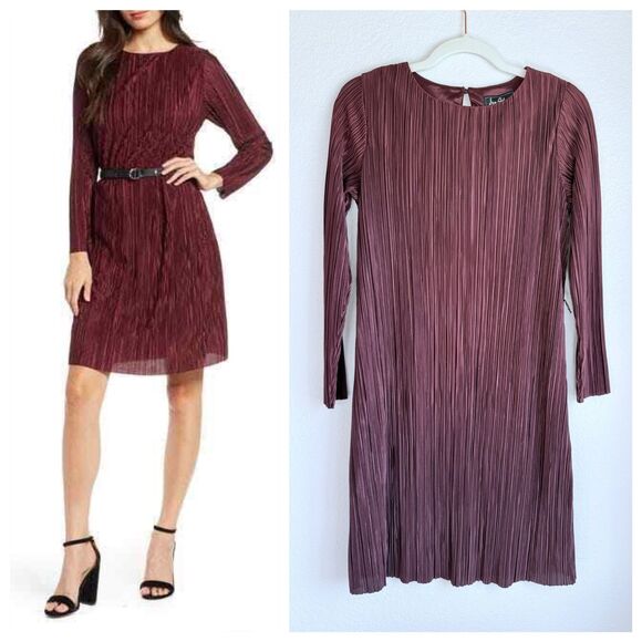 NWT Sam Edelman Long Sleeve Plisse Crinkle High Neck Burgundy Shift Dress Size 2 - Picture 1 of 12